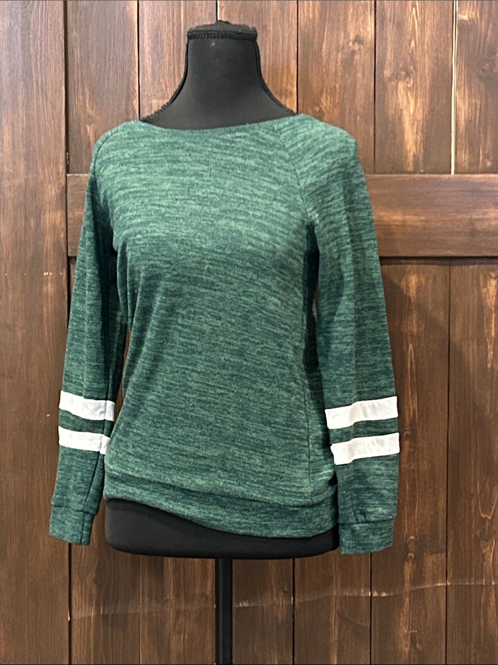 Athletic Green Marled Crewneck Sweatshirt with White Sleeve Stripes